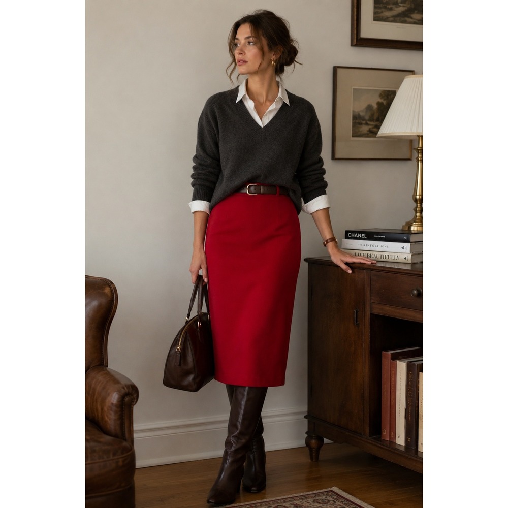 Talbots Red Wool Pencil Skirt Italian Fabric 10 Stretch‎ Midi Vintage Old Money